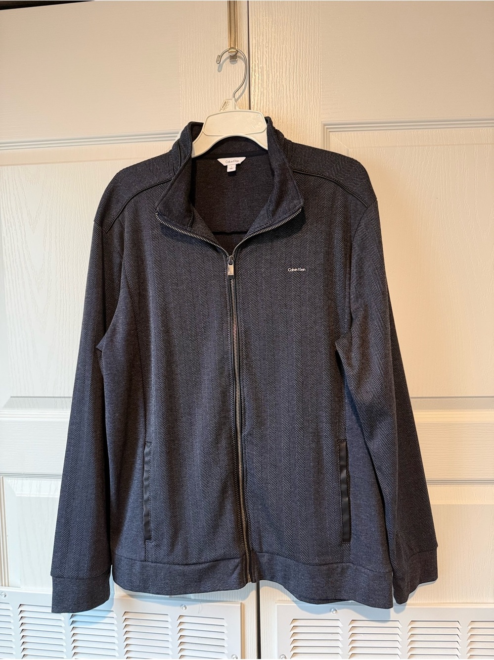 Calvin Klein Men’s Herringbone Full Zip Jacket with Faux Leather Trim SZ Large